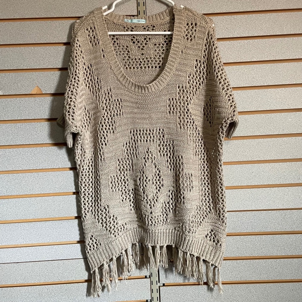 Maurices Tan Crochet Fringe Hem Oversized Knit Sweater Top Large Boho Geometric
